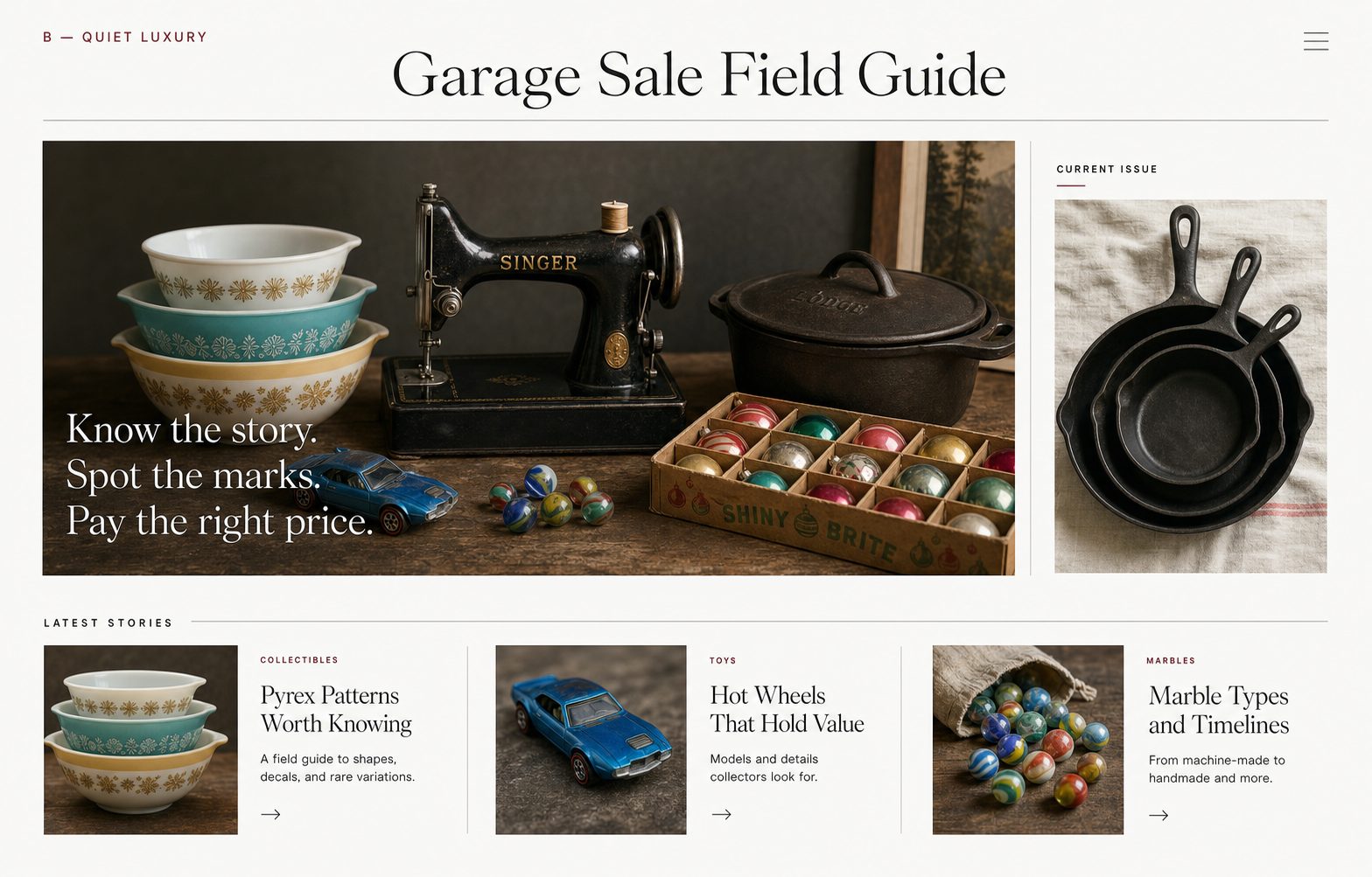 Editorial still life of vintage Pyrex bowls, a Singer sewing machine, cast iron cookware, ornaments, a die-cast car, and marbles