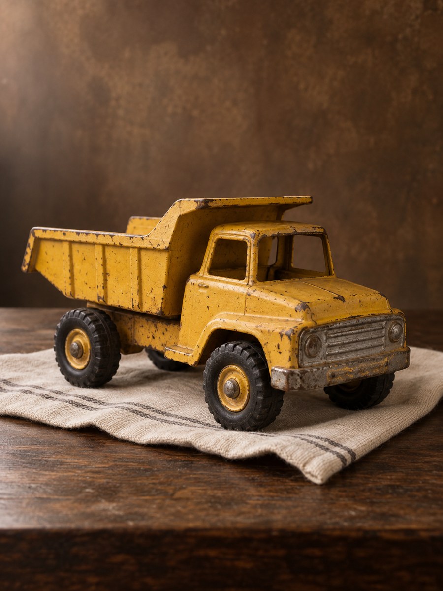 Editorial still life of a worn yellow vintage Tonka toy dump truck on ivory linen