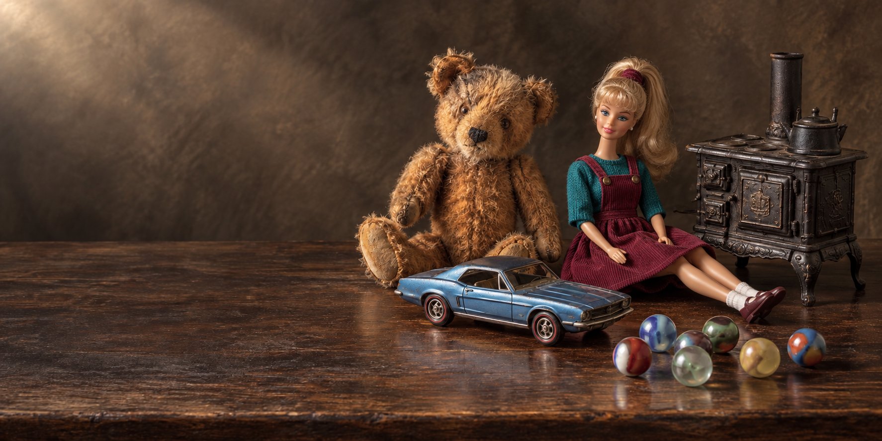 Editorial still life of a vintage teddy bear, fashion doll, die-cast car, glass marbles, and miniature toy stove