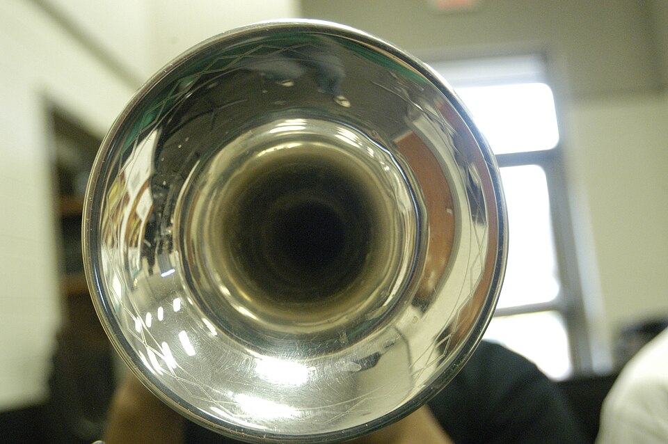 Real trumpet bell photographed straight on so rim engraving can be recorded