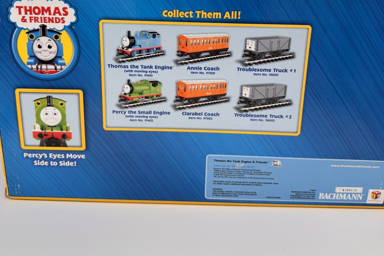 Real Bachmann G scale Percy box back showing the product family and item number 91402