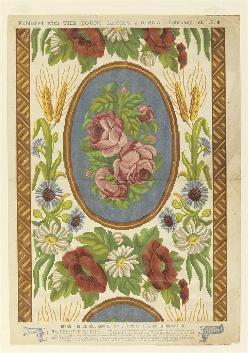 Real 1874 Berlin wool-work design with hand-coloured floral sections