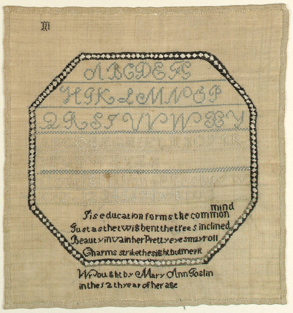 Real early nineteenth-century sampler with stitched alphabet, verse, name, and age